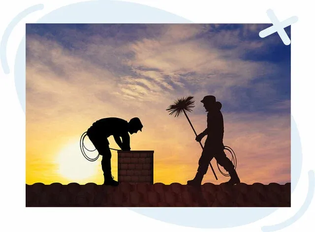 Silhouettes of two chimney sweeps working on a tiled rooftop at sunset, one bending over a chimney and the other walking with a brush and rope against a colorful sky.