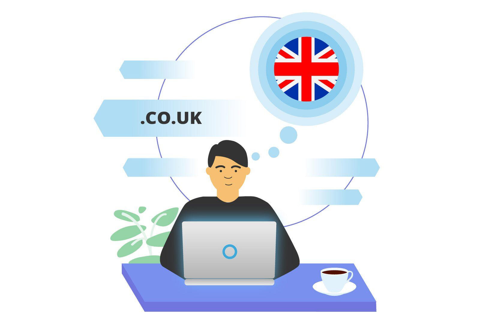 Illustration of a person using a laptop, thinking about the United Kingdom with a .co.uk domain. A speech bubble shows the UK flag. The scene includes a desk with a cup of coffee and a plant in the background.