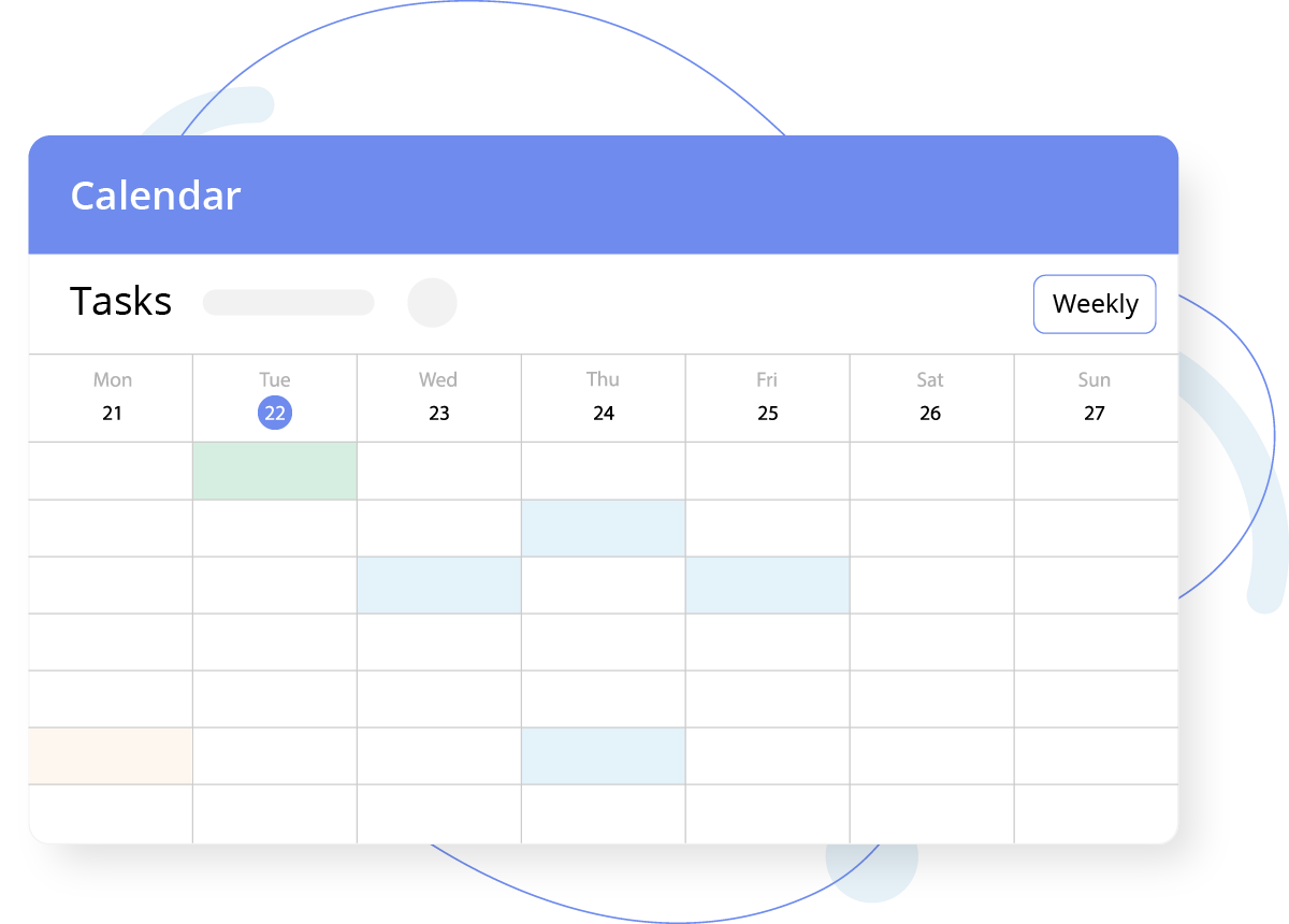 Minimal calendar interface showing a weekly task view with highlighted date and light pastel event blocks.