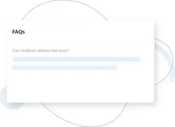Minimal FAQ card UI with a question and two light blue placeholder lines for an answer on a white card over an abstract pale blue background.