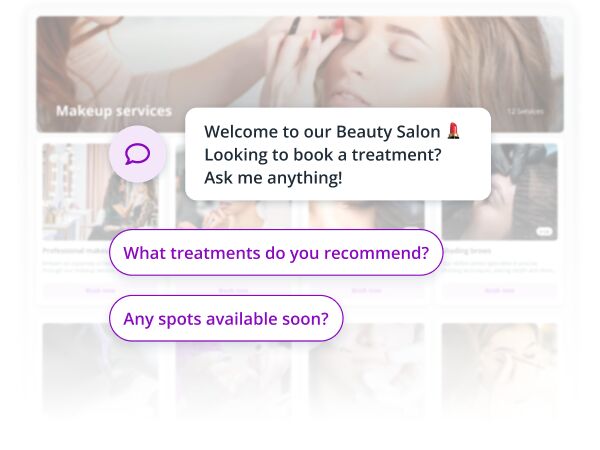 Chat-style interface overlay on a beauty salon website, with a welcome message and example questions about treatments and appointment availability.