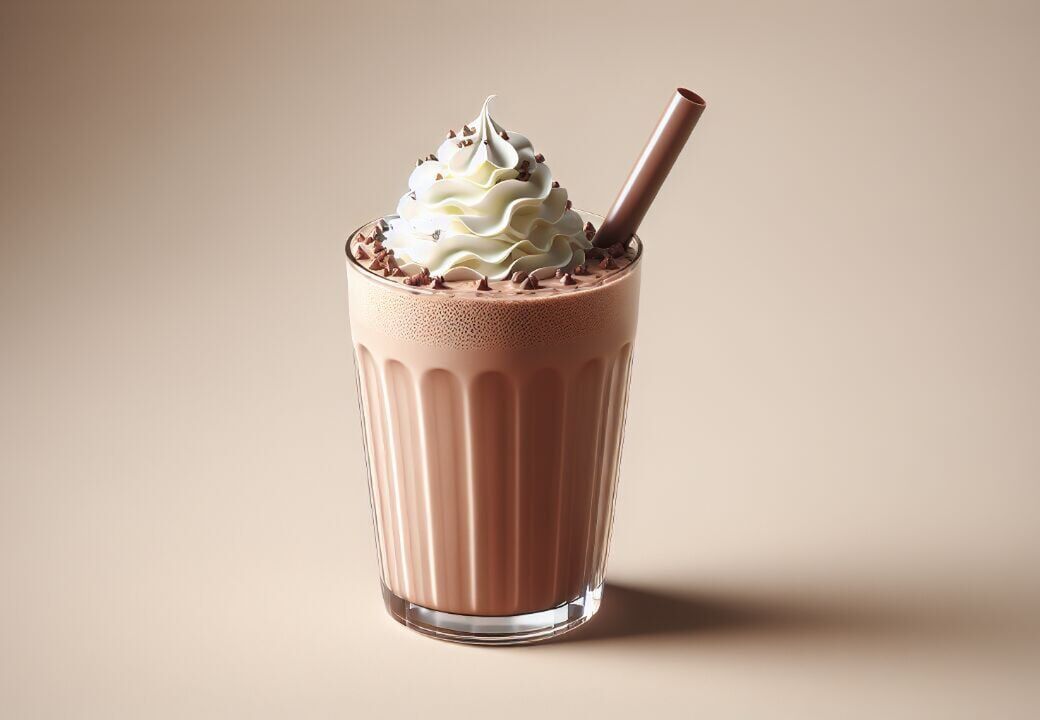 Chocolate milkshake in a ridged glass topped with whipped cream and chocolate shavings, with a straw, on a neutral background.