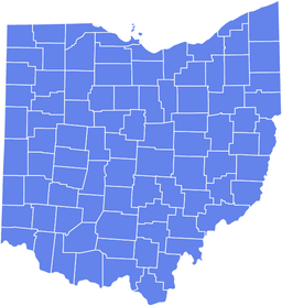 Outline map of Ohio showing county boundaries with no labels, filled in blue.