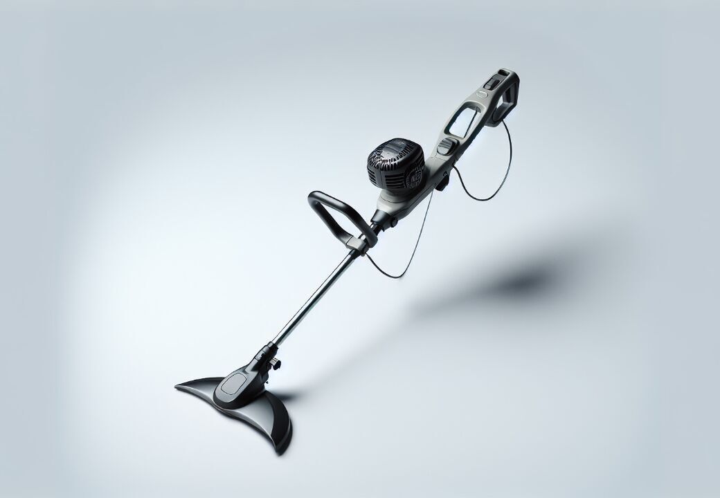 Sleek cordless grass trimmer with ergonomic handle and curved guard on a light gray background.