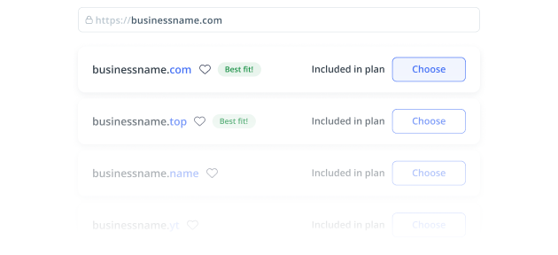 Domain selection interface showing available domain options for 'businessname' with different TLDs and a Choose button.